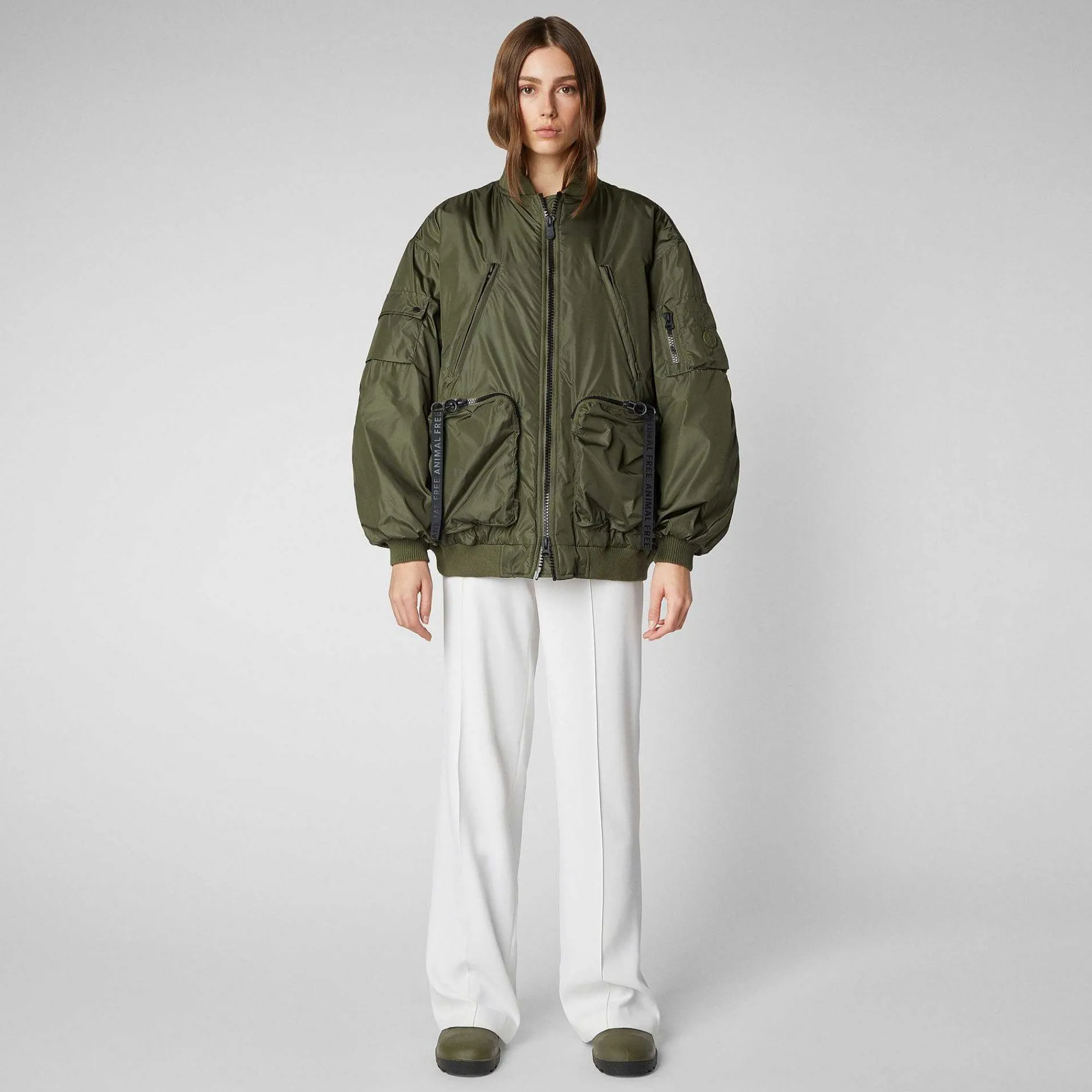 Kvinner Save The Duck Unisex Bomberjakke Ciara I Stovet Oliven
